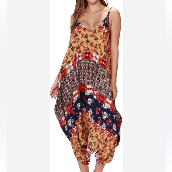 INGEAR Romper Dress dress with pants mixed print hippie vibes size L XL - Picture 1 of 9